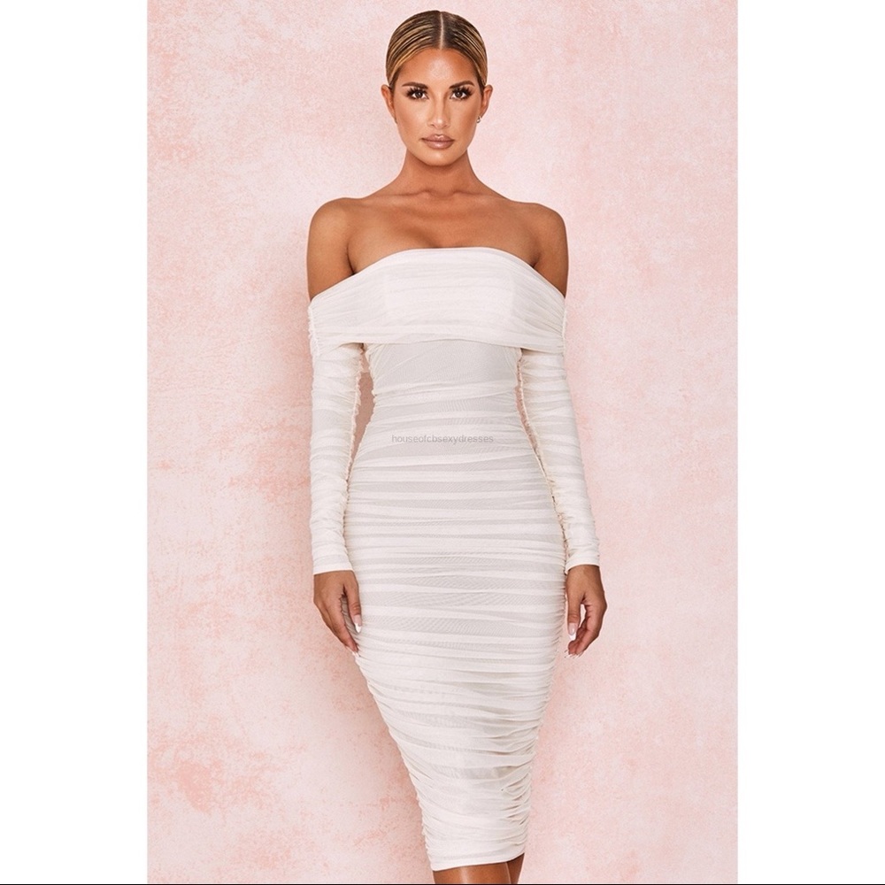 ‏House of CB Anais Ivory Tulle Off Shoulder Ruched Dress - Size XS